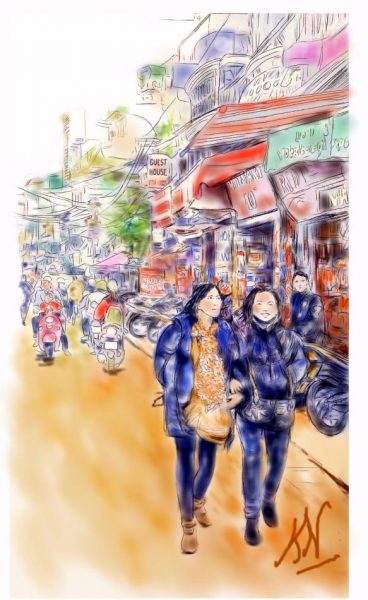 Old Quarter, met twee wandelende vietnamese dames