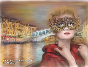 Fantasietekening Venetië, vrouw met Venetiaans masket