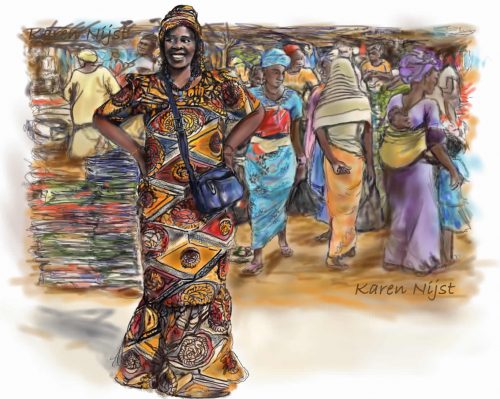 Trotse Senegal vrouw in prachtige kleurrijke kleding en markt tafereel