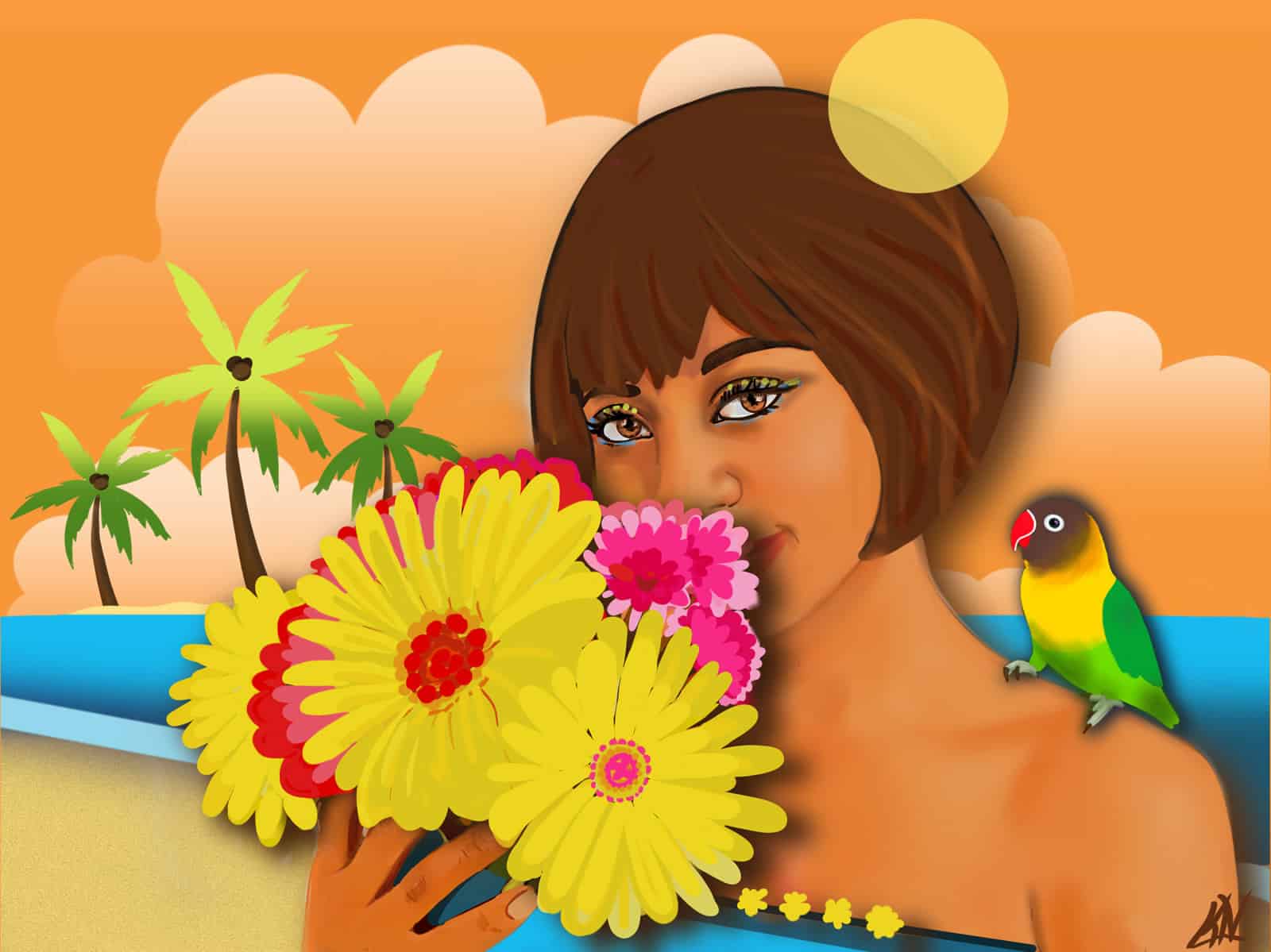 Oranje gekleurd beeld, met zomer, strand, bloemen en agapornis