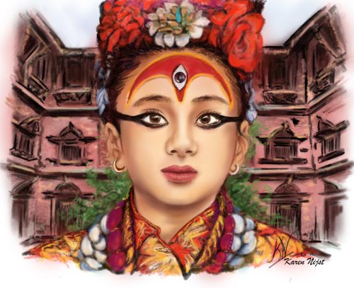 Portret Kumari in Kathmandu. Eenzaam meisje als levende godin