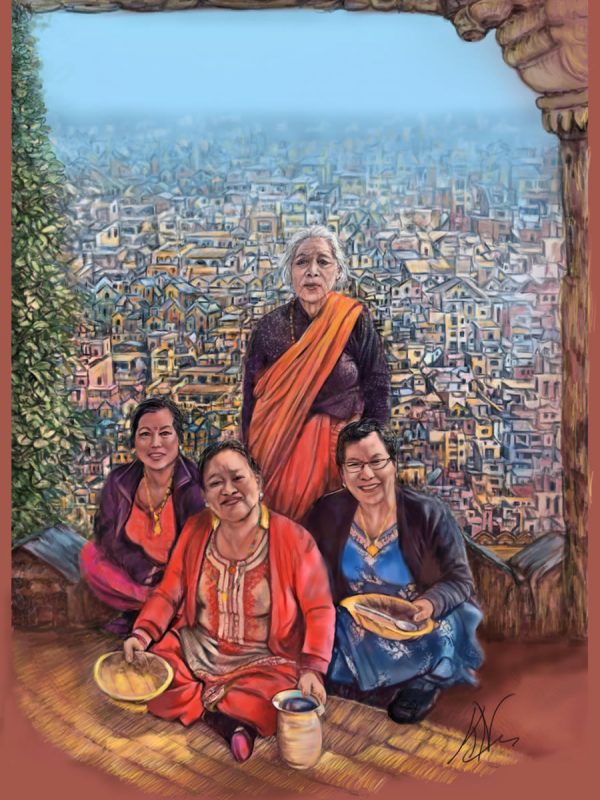 4 dames, de achtergrond suggereert de vele huisjes van Delhi