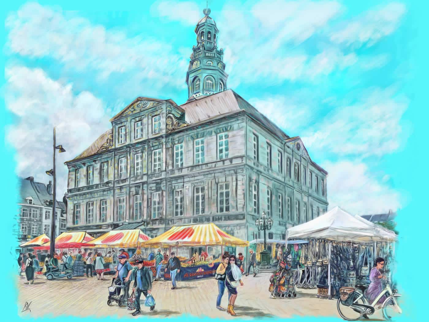 Markt, Stadhuis, Mooswief,  Minckelers, Sint Servaas- en Wilhelminabrug Maastricht, tekenverslag