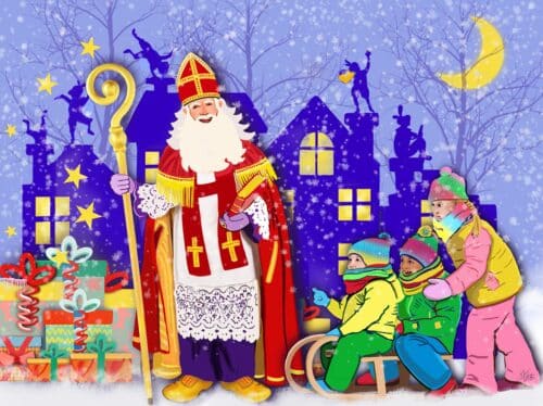Sinterklaas voor gevels met zwarte Piet. De maan en kinderen op een slee